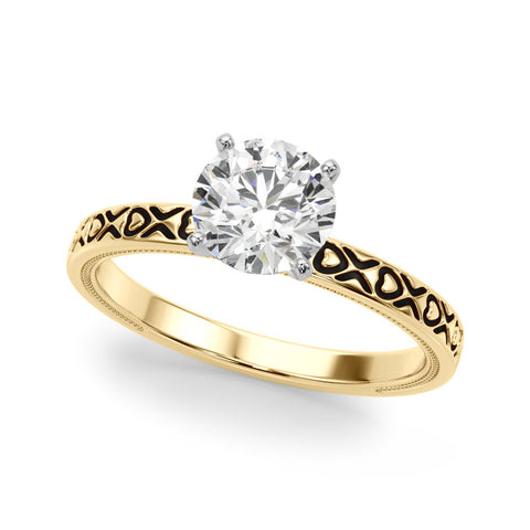 Yellow gold Round Solitaire Diamond Engagement Ring with XO Engraved Band and Four-Prong Setting