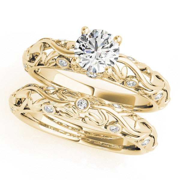 Yellow gold Round Solitaire Diamond Leaf Vine Band with Prong Setting 1