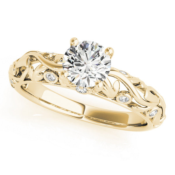 Yellow gold Round Solitaire Diamond Leaf Vine Band with Prong Setting