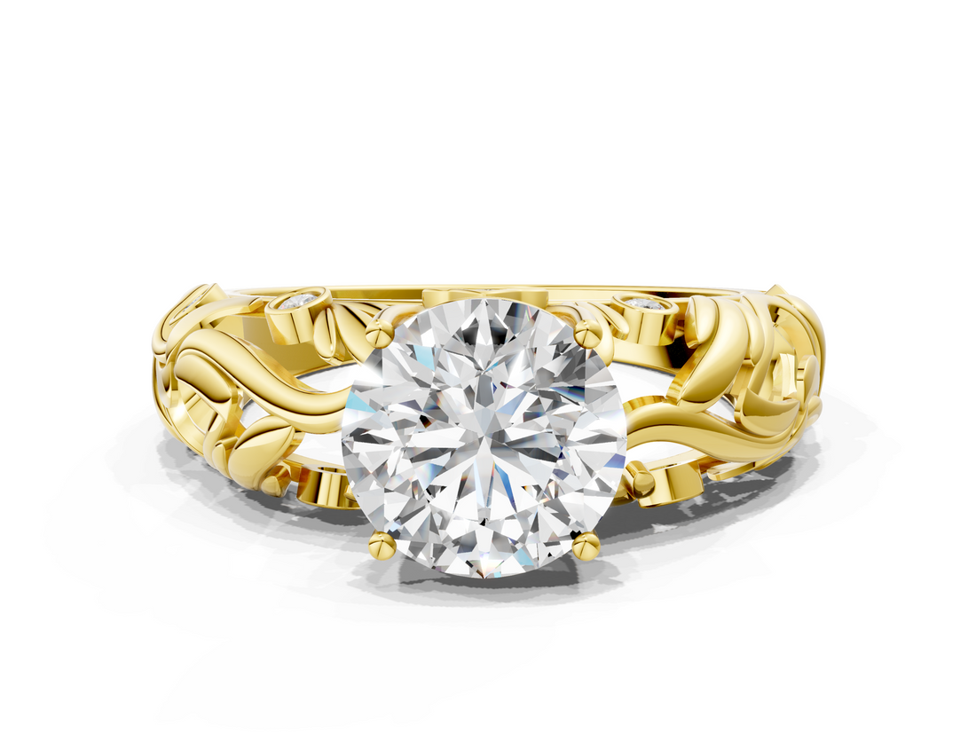 Yellow gold Round Solitaire Diamond Leaf Vine Band with Prong Setting_53