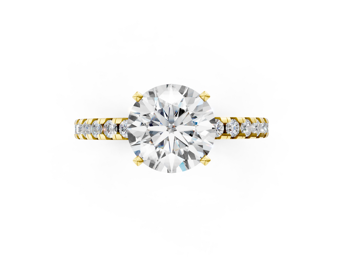 10K Yellow Gold 3.04 Carat D VVS1 Round Solitaire Diamond Pavé Band with Four-Prong Setting