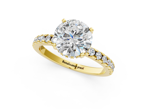 10K Yellow Gold 3.04 Carat D VVS1 Round Solitaire Diamond Pavé Band with Four-Prong Setting