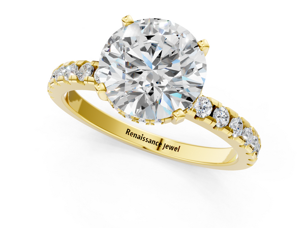 14K Yellow Gold 4.03 Carat F VS1 Round Solitaire Diamond Pavé Band with Four-Prong Setting