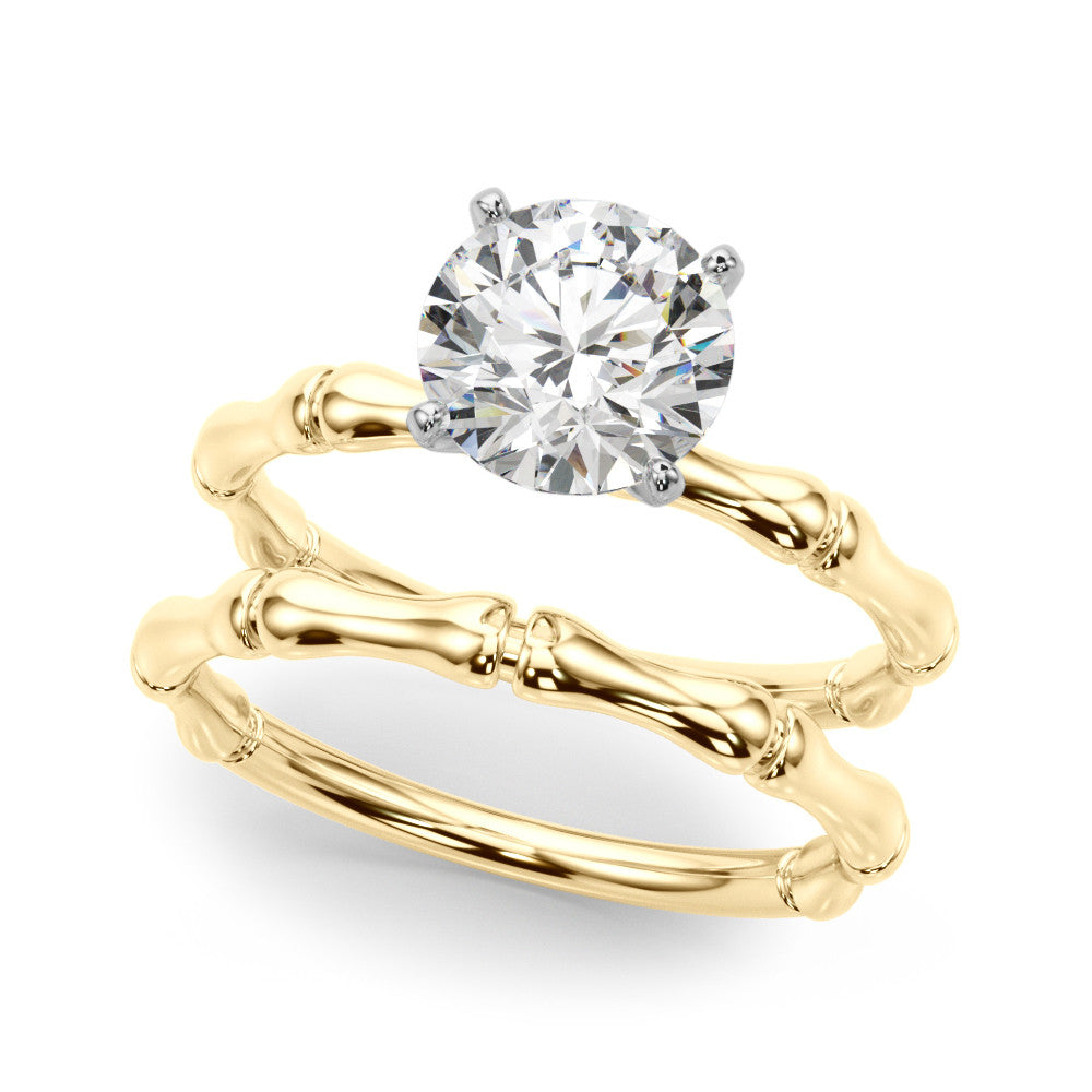 Yellow gold Round Solitaire Diamond Ring with Bamboo Band and Four-Prong Setting 1