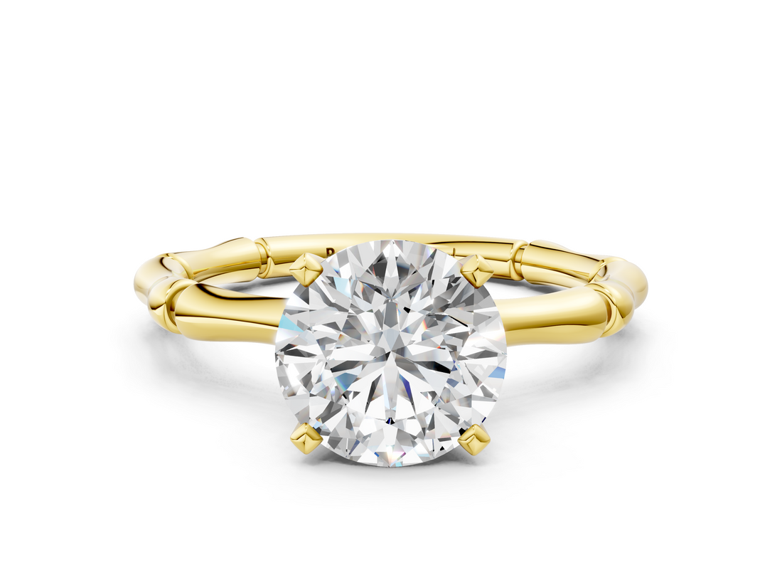 Yellow gold Round Solitaire Diamond Ring with Bamboo Band and Four-Prong Setting_28