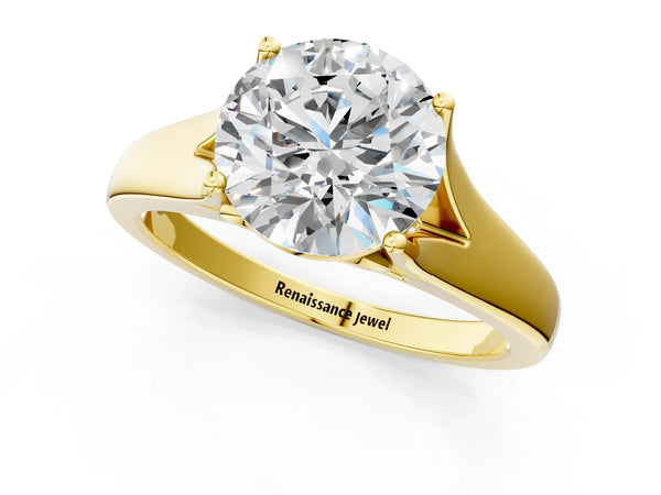 Yellow gold Round Solitaire Diamond Ring with Cathedral Band and Four-Prong Setting