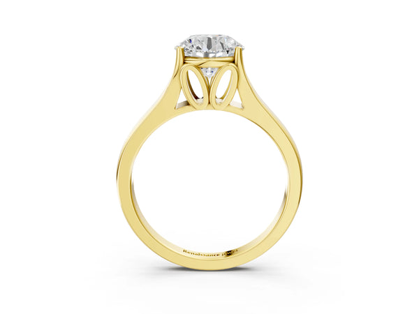 Yellow gold Round Solitaire Diamond Ring with Cathedral Band and Four-Prong Setting