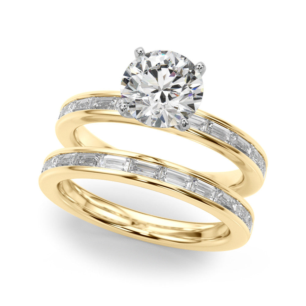 Yellow gold Round Solitaire Diamond Ring with Channel-Set Baguette Band and Four-Prong Setting 1