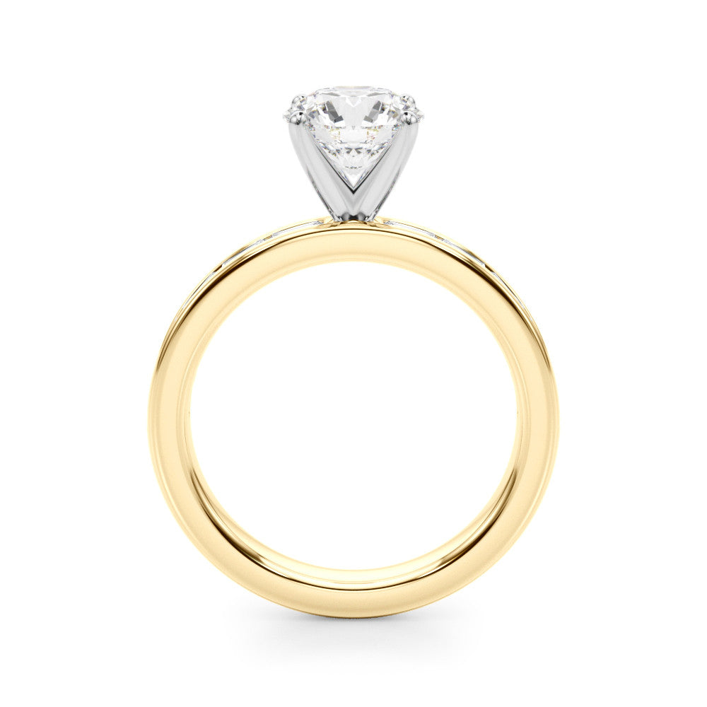 Yellow gold Round Solitaire Diamond Ring with Channel-Set Baguette Band and Four-Prong Setting 2