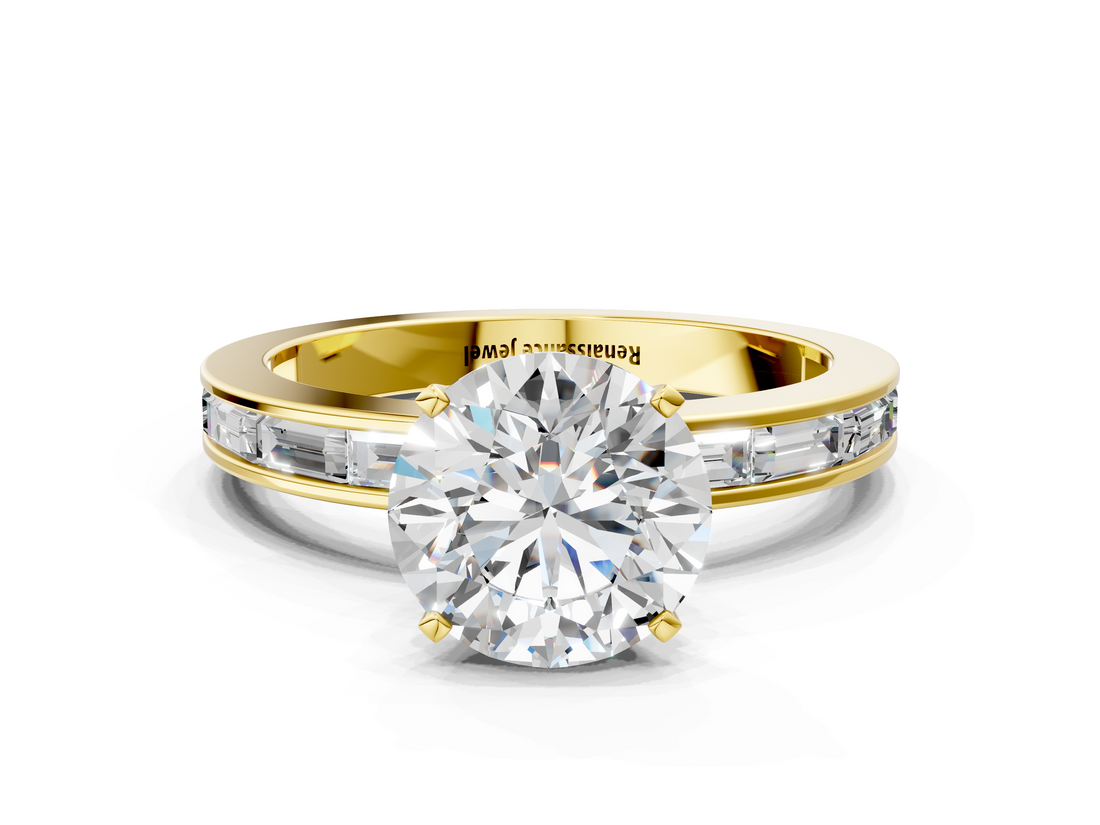 Yellow gold Round Solitaire Diamond Ring with Channel-Set Baguette Band and Four-Prong Setting_80