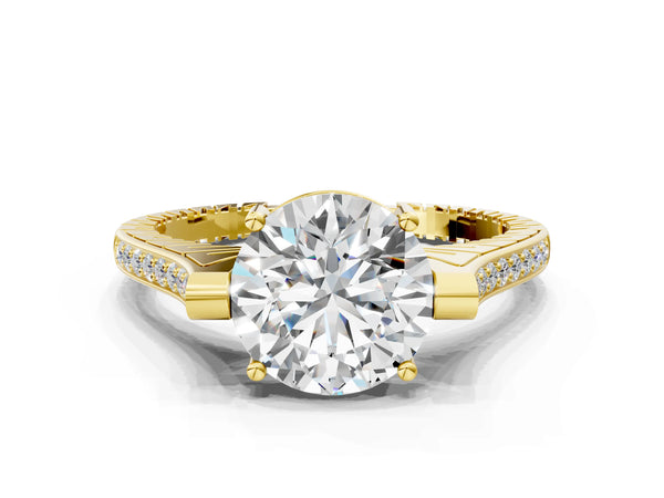 Yellow Gold Round Vintage Cathedral Engagement Ring Setting with Engraved Sides and Pave