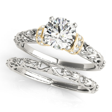 Yellow gold Round Solitaire Diamond Ring with Filigree Band and Four-Prong Setting 1