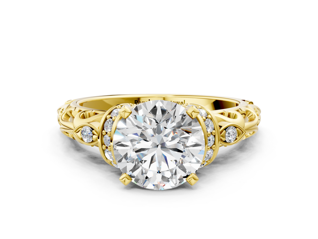 Yellow gold Round Solitaire Diamond Ring with Filigree Band and Four-Prong Setting_48