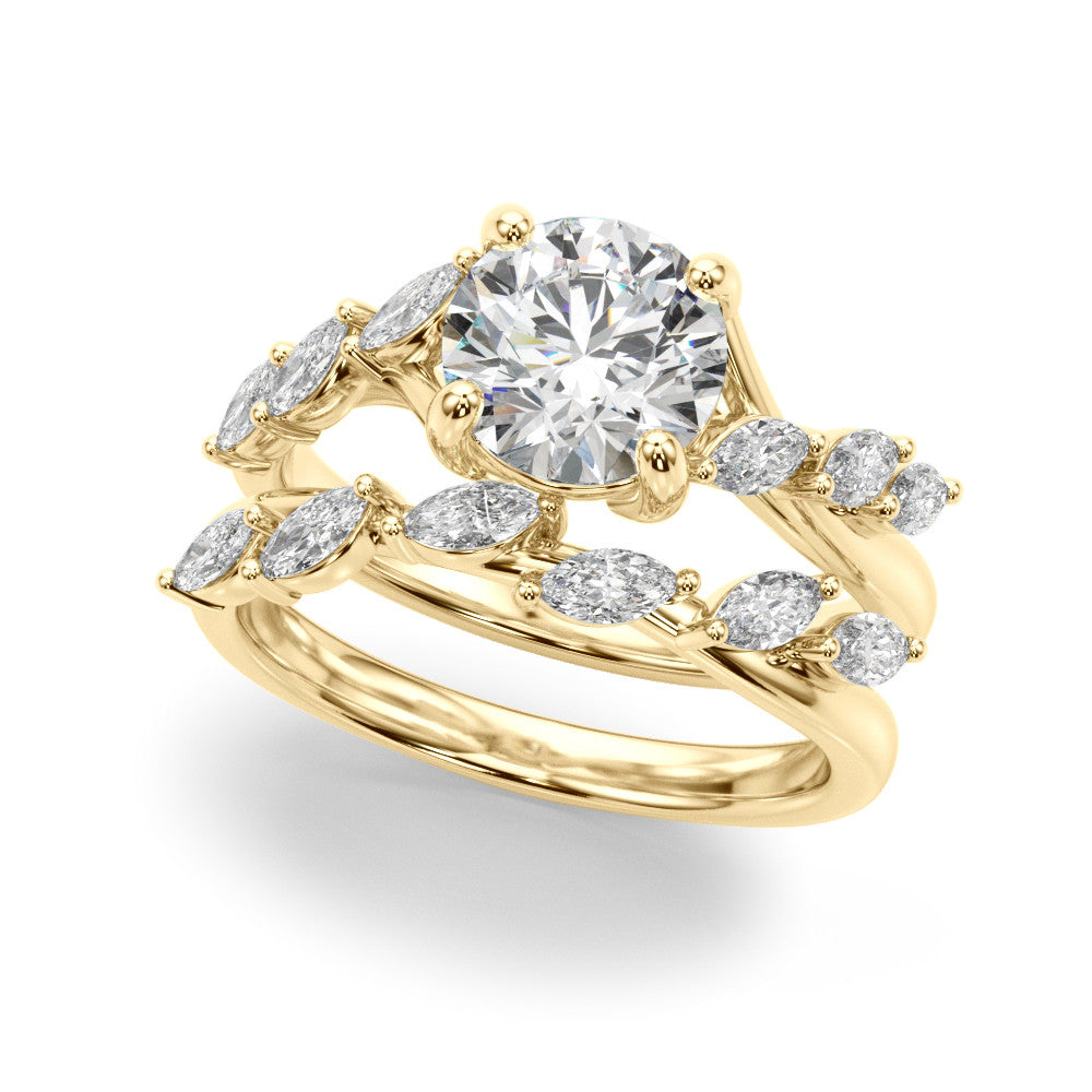 Yellow gold Round Solitaire Diamond Ring with Marquise Side Stones and Prong Setting on a Split Shank Band 1
