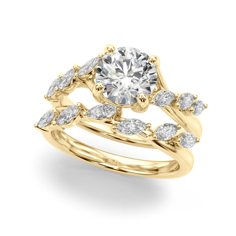 Yellow gold Round Solitaire Diamond Ring with Marquise Side Stones and Prong Setting on a Split Shank Band 1