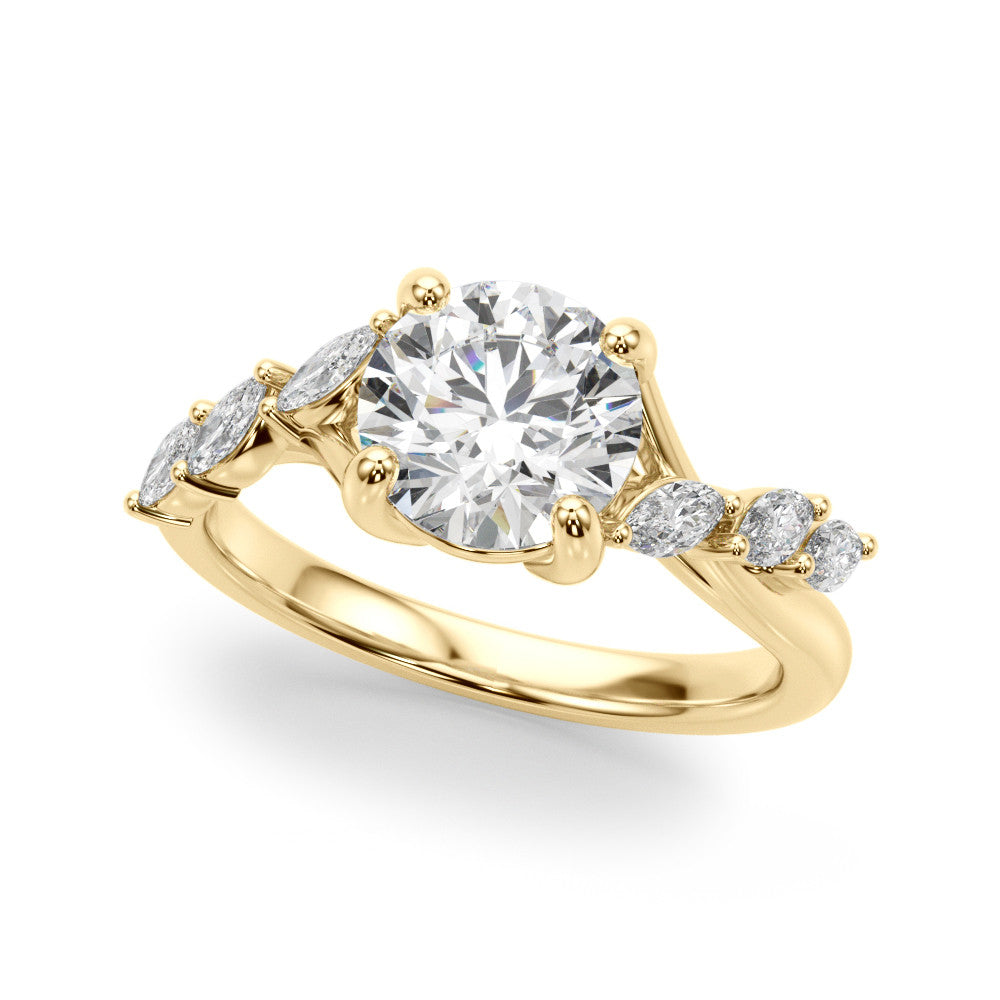 Yellow gold Round Solitaire Diamond Ring with Marquise Side Stones and Prong Setting on a Split Shank Band