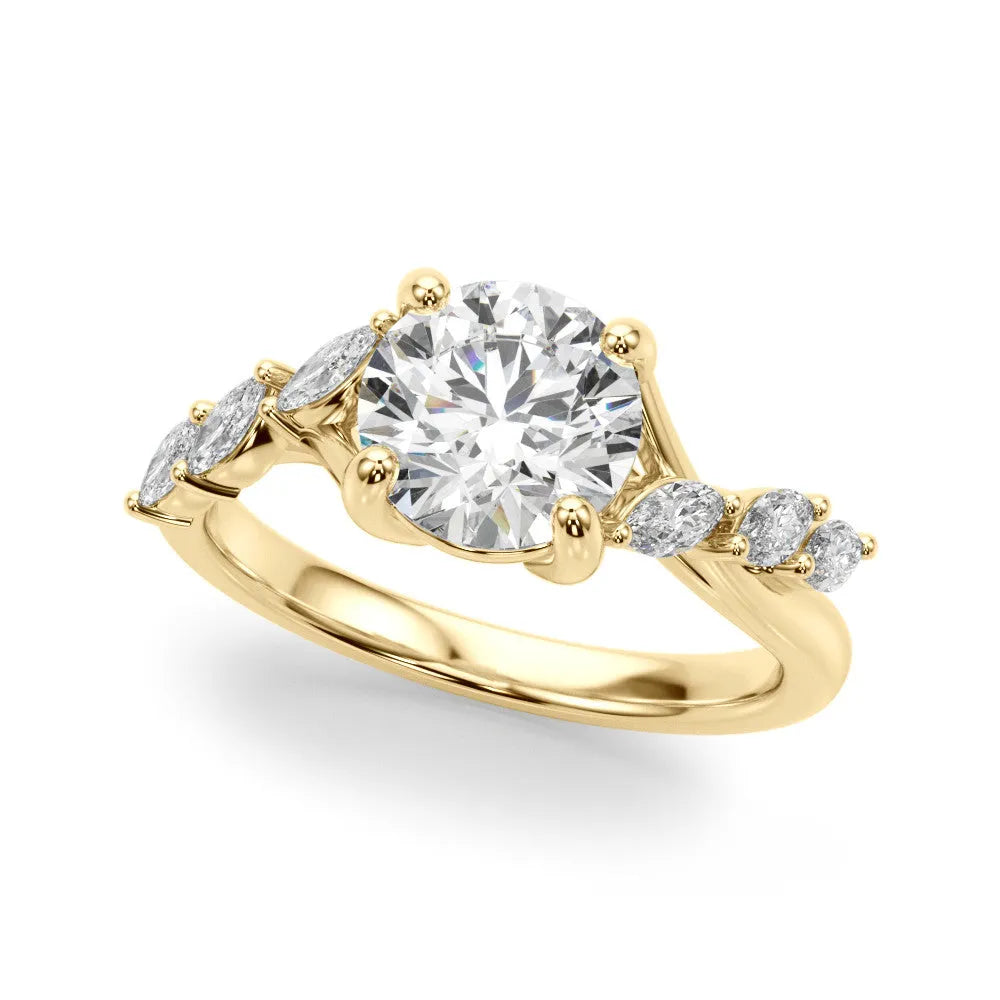 Yellow gold Round Solitaire Diamond Ring with Marquise Side Stones and Prong Setting on a Split Shank Band