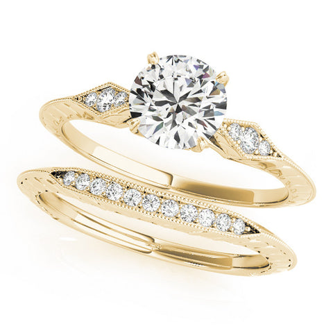 Yellow gold Round Solitaire Diamond Ring with Milgrain Band and Four-Prong Setting 1