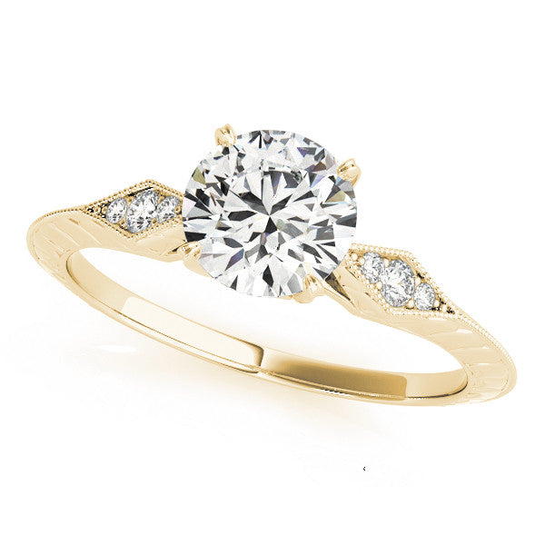 Yellow gold Round Solitaire Diamond Ring with Milgrain Band and Four-Prong Setting