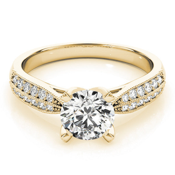 Yellow gold Round Solitaire Diamond Ring with Milgrain Pavé Band and Four-Prong Setting 1
