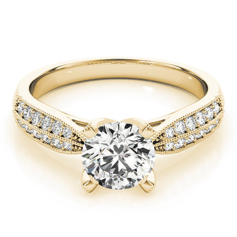 Yellow gold Round Solitaire Diamond Ring with Milgrain Pavé Band and Four-Prong Setting 1