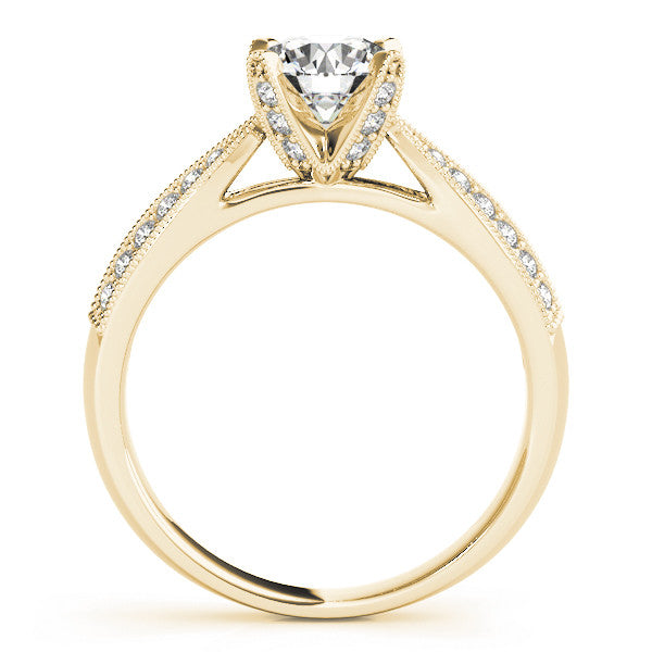 Yellow gold Round Solitaire Diamond Ring with Milgrain Pavé Band and Four-Prong Setting 2
