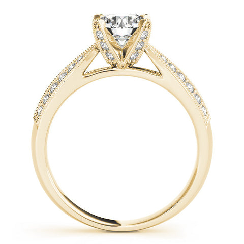 Yellow gold Round Solitaire Diamond Ring with Milgrain Pavé Band and Four-Prong Setting 2