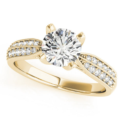 Yellow gold Round Solitaire Diamond Ring with Milgrain Pavé Band and Four-Prong Setting