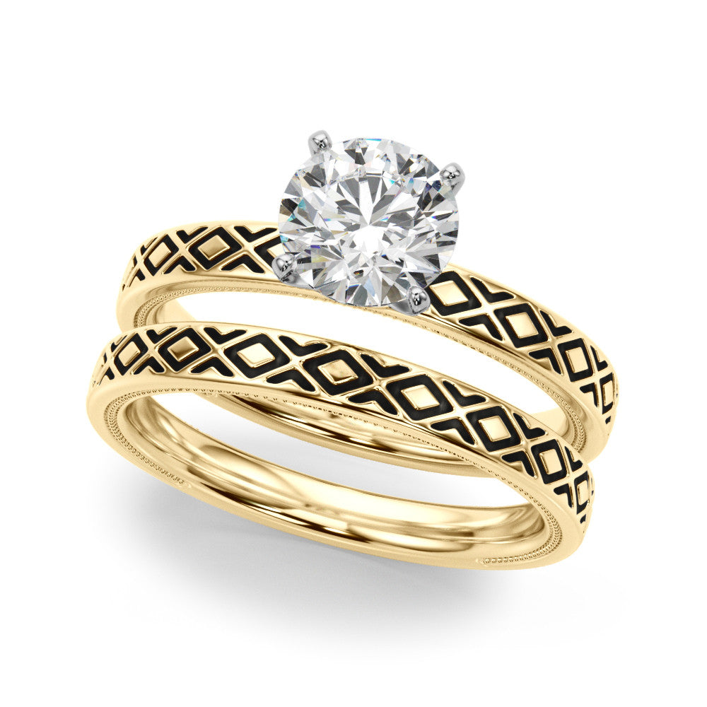 Yellow gold Round Solitaire Diamond Ring with Milgrain and Black Enamel X Pattern Band 1