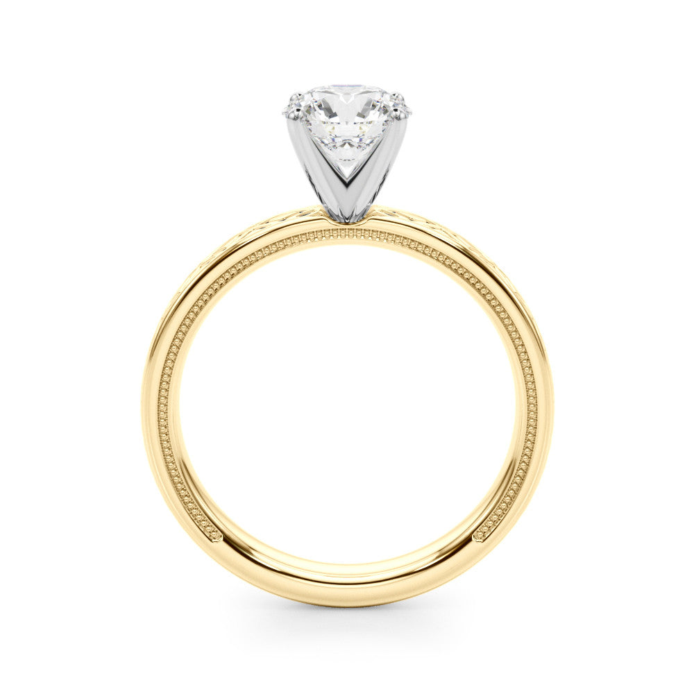 Yellow gold Round Solitaire Diamond Ring with Milgrain and Black Enamel X Pattern Band 2