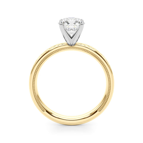 Yellow gold Round Solitaire Diamond Ring with Milgrain and Black Enamel X Pattern Band 2