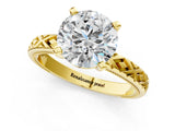 Yellow gold Round Solitaire Diamond Ring with Milgrain and Black Enamel X Pattern Band_188