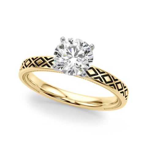 Yellow gold Round Solitaire Diamond Ring with Milgrain and Black Enamel X Pattern Band