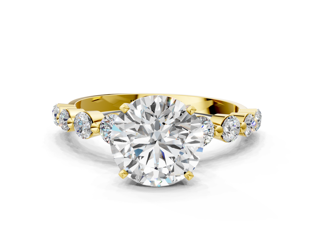 Yellow gold Round Solitaire Diamond Ring with Pave Band and Four-Prong Setting_195