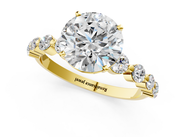 Yellow gold Round Cut Solitaire Diamond Ring with Pave Band and Four-Prong Setting