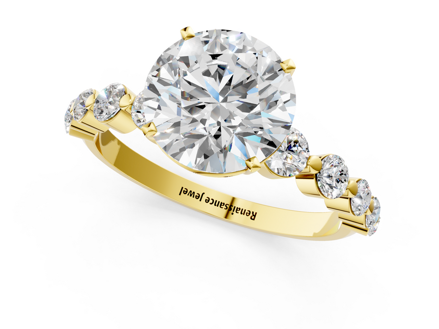 Yellow gold Round Cut Solitaire Diamond Ring with Pave Band and Four-Prong Setting
