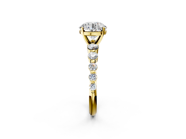 Yellow gold Round Cut Solitaire Diamond Ring with Pave Band and Four-Prong Setting