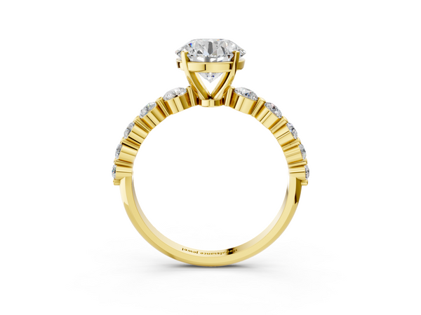 Yellow gold Round Cut Solitaire Diamond Ring with Pave Band and Four-Prong Setting