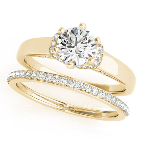 Yellow gold Round Solitaire Diamond Ring with Pave Band and Six-Prong Setting 1