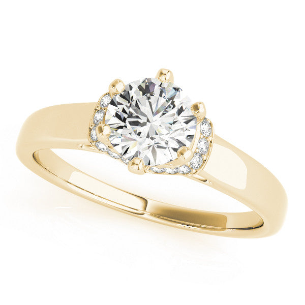 Yellow gold Round Solitaire Diamond Ring with Pave Band and Six-Prong Setting