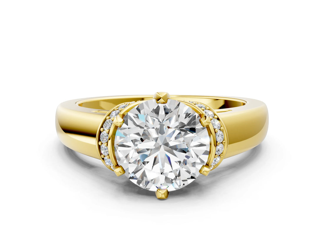 Yellow gold Round Solitaire Diamond Ring with Pave Band and Six-Prong Setting_35