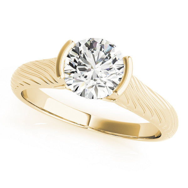Yellow gold Round Solitaire Diamond Ring with Textured Band and Tension Prong Setting