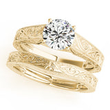 Yellow gold Round Solitaire Diamond with Engraved Band and Four-Prong Setting 1