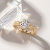 Yellow gold Round Solitaire Diamond with Engraved Band and Four-Prong Setting_6