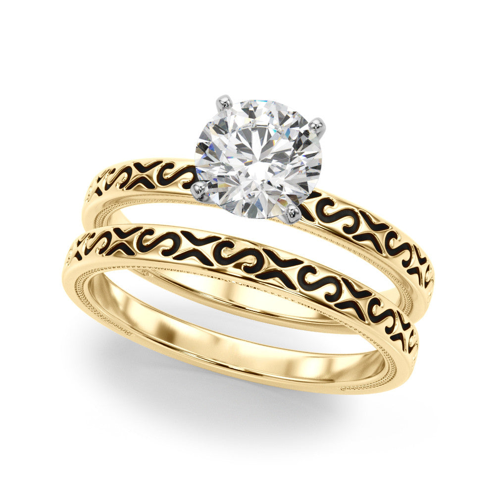 Yellow gold Round Solitaire Engagement Ring with Scrollwork Band and Four-Prong Setting 1