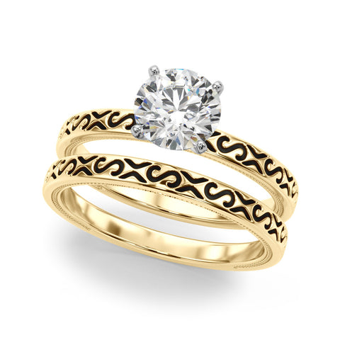 Yellow gold Round Solitaire Engagement Ring with Scrollwork Band and Four-Prong Setting 1