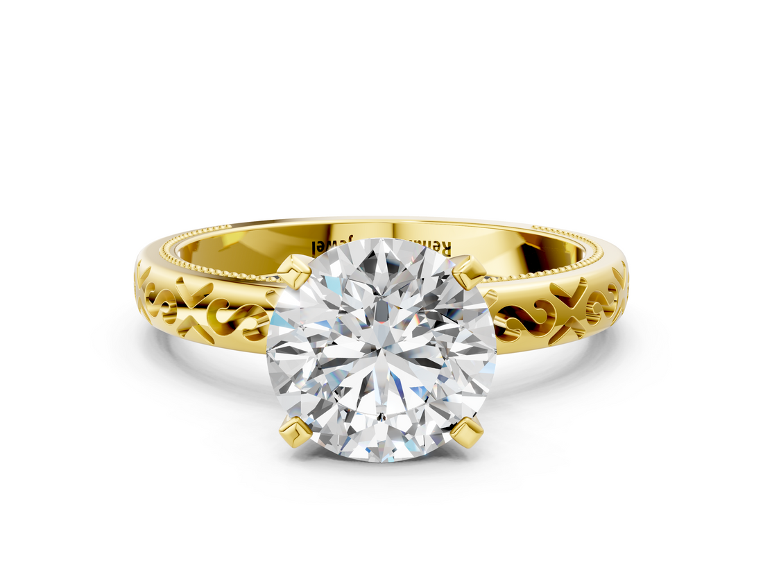 Yellow gold Round Solitaire Engagement Ring with Scrollwork Band and Four-Prong Setting_151