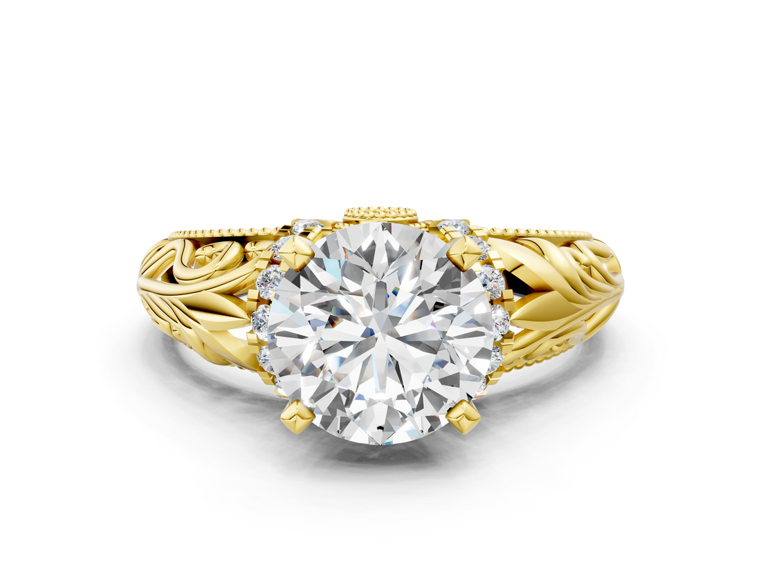 Yellow gold Round Solitaire Filigree Engagement Ring with Halo and Prong Setting_71