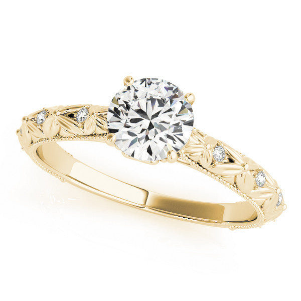 Yellow gold Round Solitaire Floral Milgrain Engagement Ring