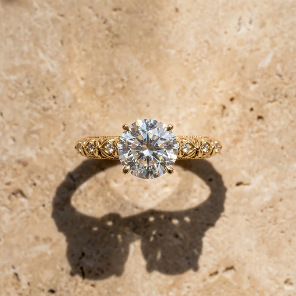 Yellow gold Round Solitaire Floral Milgrain Engagement Ring